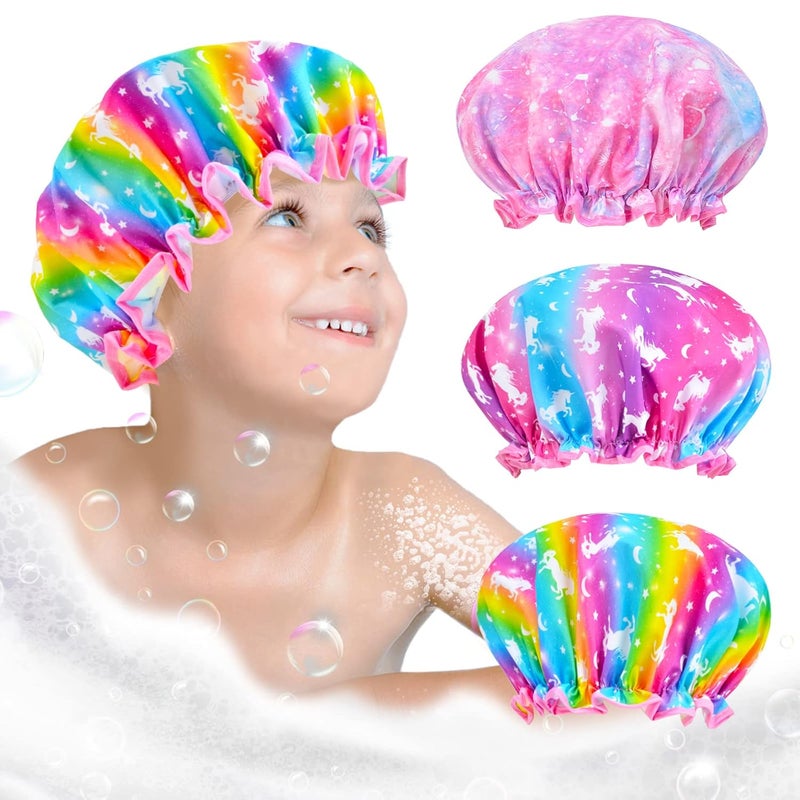 OlyPegic Kids Shower Cap, 3 Pcs Girls Shower Cap for Kids Reusable Waterproof Adjustable Large Hair Cap Unicorn Mermaid Rainbow Cute Hair Cover Hat - Image 1